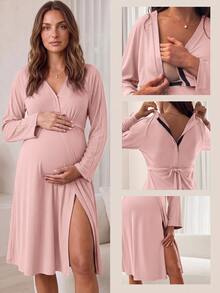 Slowluna Maternity Versatile Nursing Function Long Sleeve Maternity Dress - Pink - View 1