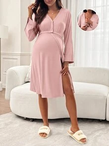 Slowluna Maternity Versatile Nursing Function Long Sleeve Maternity Dress - Pink - View 10