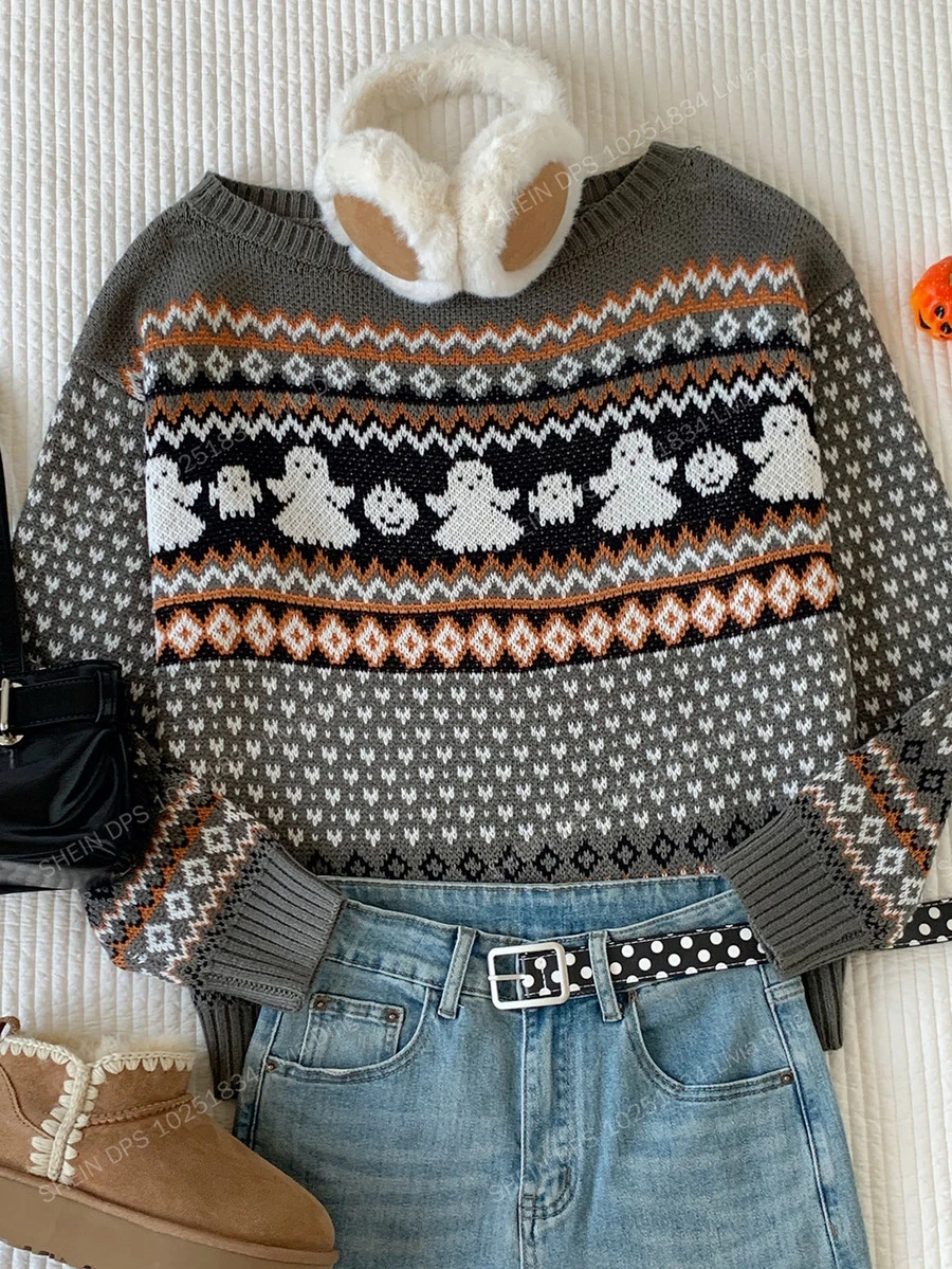 Comfortcana Women's Halloween Ghost Geometric Pattern Knit Top Holiday Grey Autumn Cute Graphic - Multicolor - View 1