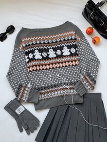 Comfortcana Women's Halloween Ghost Geometric Pattern Knit Top Holiday Grey Autumn Cute Graphic - Multicolor - View 7