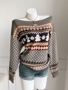 Comfortcana Women's Halloween Ghost Geometric Pattern Knit Top Holiday Grey Autumn Cute Graphic - Multicolor - View 9