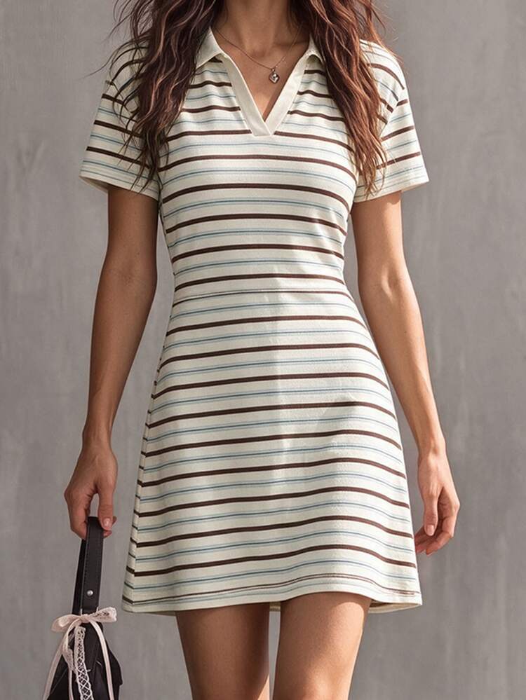 Glimmora Women's Elegant Vintage Minimalist Lapel Short Sleeve Black Dress, Waist-Cinching Slimming A-Line Short Dress - Multicolor - View 2