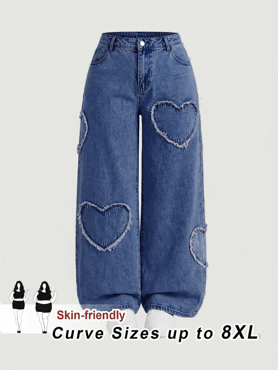 SHEIN CURVE+ 大尺碼休閒水洗寬腿牛仔褲