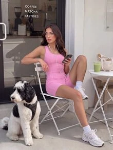 SHEIN Sports Sporty One-Piece Jumpsuit Built-In Padded Bra, Tight-Fitting Hip-Lifting Shorts, Tennis Style Athletic Athleisure Modest Gym Workout Light Pink Summer - Pink - View 7