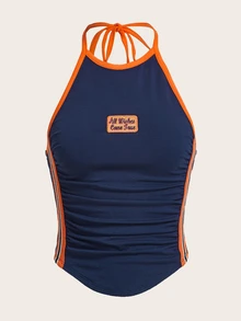 SHEIN ICON Bikercore Letter Embroidery Contrast Binding Halter Summer Top - Navy Blue - View 6
