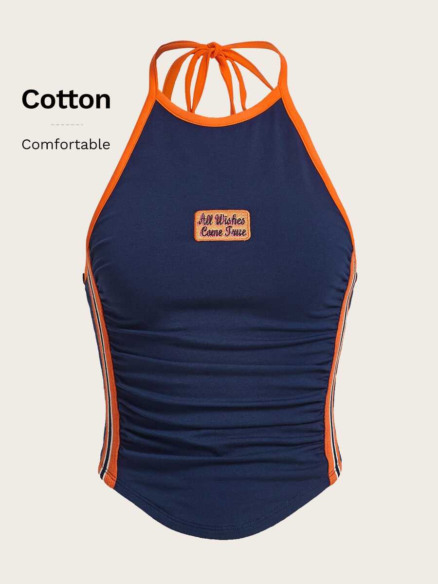 SHEIN ICON Bikercore Letter Embroidery Contrast Binding Halter Summer Top - Navy Blue - View 1