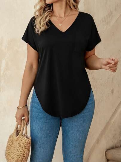 EMERY ROSE Camiseta casual de manga corta con cuello en V de unicolor para mujer