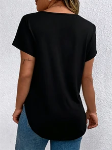 EMERY ROSE Regular Women's Solid Color V-Neck Short-Sleeved Casual T-Shirt - Black - View 2