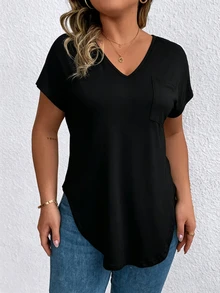 EMERY ROSE Regular Women's Solid Color V-Neck Short-Sleeved Casual T-Shirt - Black - View 4