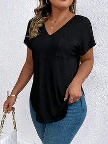EMERY ROSE Regular Women's Solid Color V-Neck Short-Sleeved Casual T-Shirt - Black - View 5