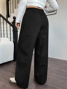 SHEIN EZwear 大码女式黑色字母印花宽松休闲阔腿裤 - 黑色 - 查看 2