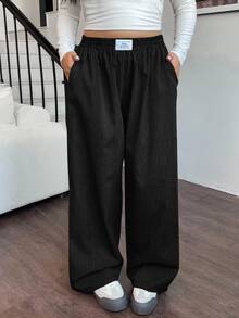 SHEIN EZwear 大码女式黑色字母印花宽松休闲阔腿裤 - 黑色 - 查看 4