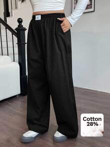 SHEIN EZwear 大码女式黑色字母印花宽松休闲阔腿裤 - 黑色 - 查看 5