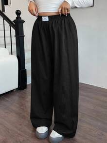SHEIN EZwear 大码女式黑色字母印花宽松休闲阔腿裤 - 黑色 - 查看 3