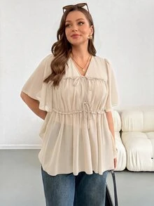 SHEIN Essnce 大尺碼女款純色荷葉邊飾前綁帶短袖上衣 - 杏色 - 查看 5