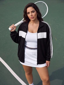 SHEIN BASICS Plus Size Women's Colorblock Casual Sport Cowboy Versatile Daily Wear Long Sleeve Jacket Office Teacher Black Autumn - Black - View 4