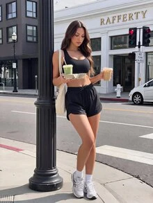 Dewbera Dewbera Women's Solid Color Drawstring Waist Casual Versatile Daily Travel Sports Shorts Gym Going Out Black Summer - Black - View 7