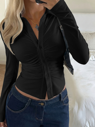 SHEIN EZwear Camiseta de manga larga de unicolor, de un solo pecho, con pliegues, versátil para citas y salidas, para mujer