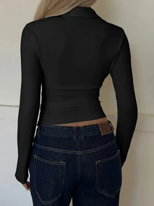 SHEIN EZwear 女士纯色单排扣褶裥休闲百搭约会外出长袖T恤 - 黑色 - 查看 2