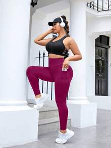SHEIN Rhythm Era Plus Size Women's Solid Color High Waist Pockets Sports Yoga Pants - Rose Red - View 6