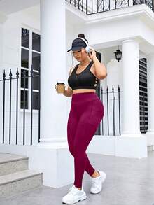 SHEIN Rhythm Era Plus Size Women's Solid Color High Waist Pockets Sports Yoga Pants - Rose Red - View 5