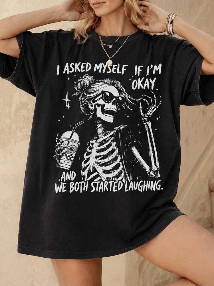 EMERY ROSE I Asked Myself If I'M Okay Skeleton T-Shirt, Snarky Sarcastic Funny Mental Health Shirt, Vintage Graphic Tee ,Graphic Tees Women Tops - Black - View 1