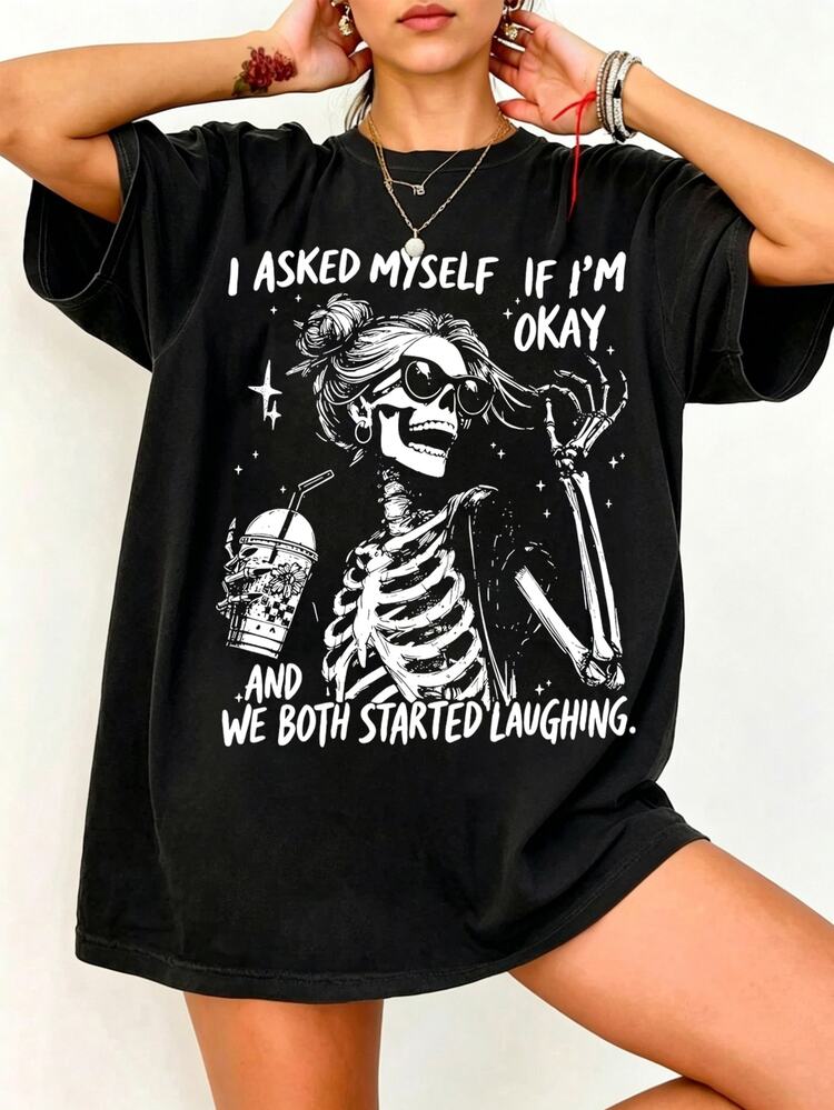 EMERY ROSE I Asked Myself If I'M Okay Skeleton T-Shirt, Snarky Sarcastic Funny Mental Health Shirt, Vintage Graphic Tee ,Graphic Tees Women Tops - Black - View 3