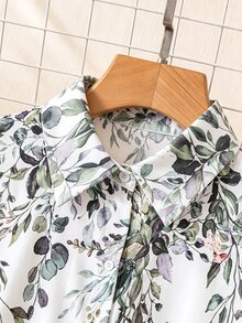 EMERY ROSE Plus Size Vacation Casual Botanical Print Shirt Fall - Green - View 6