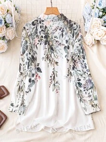 EMERY ROSE Plus Size Vacation Casual Botanical Print Shirt Fall - Green - View 2