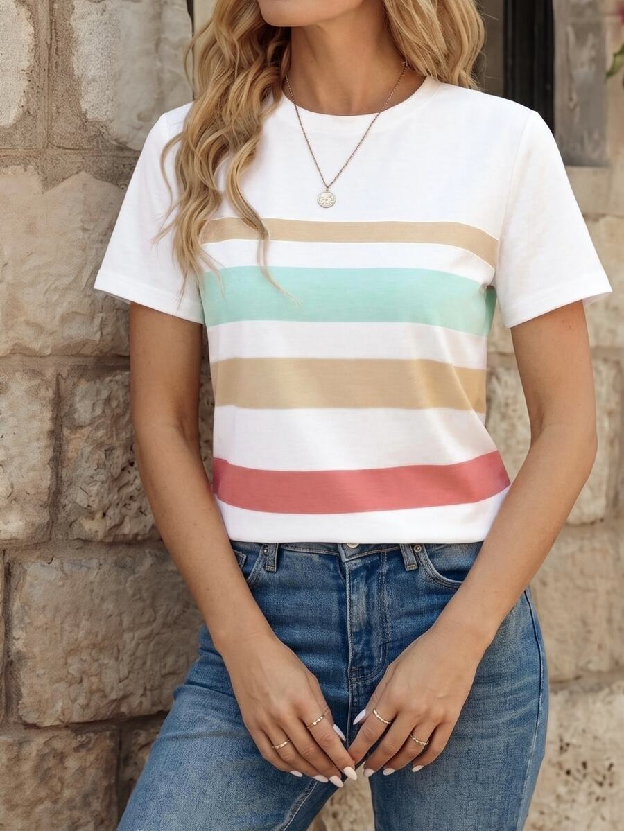 EMERY ROSE Women's Regular Fit T-Shirt, Striped Print Pattern, Summer Color Tone, Casual Versatile Outdoor Top, Stylish Design, Suitable For Summer Outings, Daily Wear, Outdoor, Shopping, Travel - Multicolor - View 1