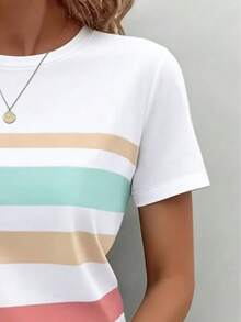 EMERY ROSE Women's Regular Fit T-Shirt, Striped Print Pattern, Summer Color Tone, Casual Versatile Outdoor Top, Stylish Design, Suitable For Summer Outings, Daily Wear, Outdoor, Shopping, Travel - Multicolor - View 5