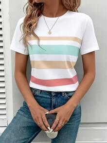 EMERY ROSE Women's Regular Fit T-Shirt, Striped Print Pattern, Summer Color Tone, Casual Versatile Outdoor Top, Stylish Design, Suitable For Summer Outings, Daily Wear, Outdoor, Shopping, Travel - Multicolor - View 3
