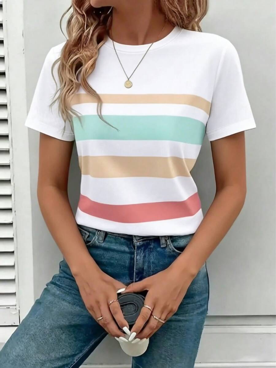 EMERY ROSE Women's Regular Fit T-Shirt, Striped Print Pattern, Summer Color Tone, Casual Versatile Outdoor Top, Stylish Design, Suitable For Summer Outings, Daily Wear, Outdoor, Shopping, Travel - Multicolor - View 1