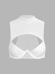 SHEIN ICON 黑色紧身胸衣立领镂空短款背心 - 白色 - 查看 3