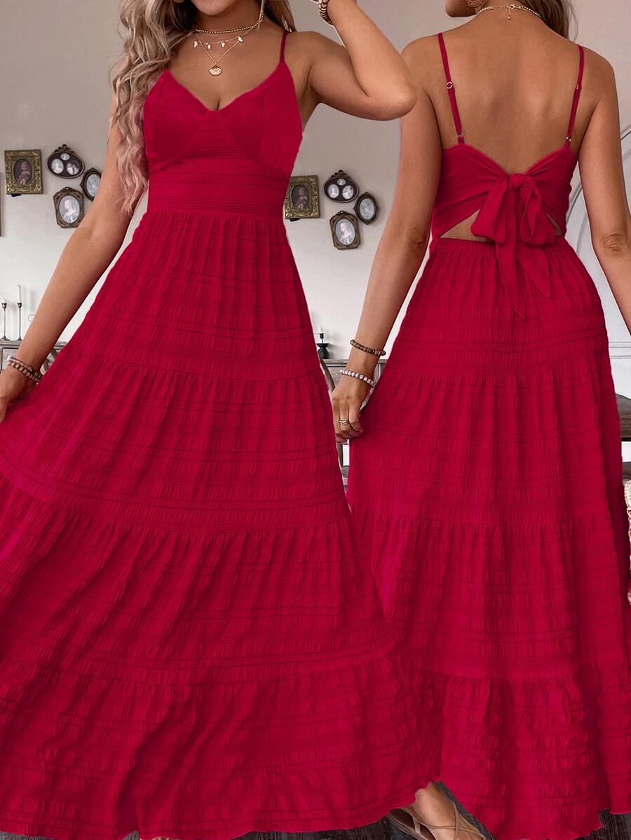 Breezaya Vintage Countryside Style Bow Tie Layered Patchwork Dress, Suitable For Birthday, Wedding Guest - Red - View 1