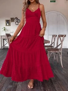 Breezaya Vintage Countryside Style Bow Tie Layered Patchwork Dress, Suitable For Birthday, Wedding Guest - Red - View 5