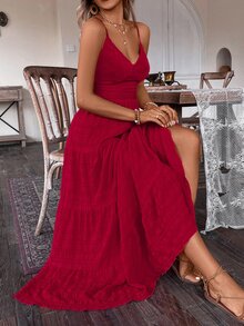 Breezaya Vintage Countryside Style Bow Tie Layered Patchwork Dress, Suitable For Birthday, Wedding Guest - Red - View 6