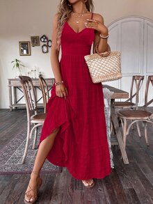 Breezaya Vintage Countryside Style Bow Tie Layered Patchwork Dress, Suitable For Birthday, Wedding Guest - Red - View 4