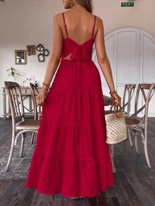 Breezaya Vintage Countryside Style Bow Tie Layered Patchwork Dress, Suitable For Birthday, Wedding Guest - Red - View 2