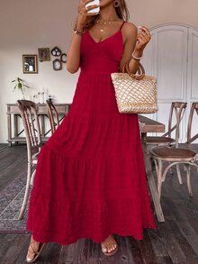 Breezaya Vintage Countryside Style Bow Tie Layered Patchwork Dress, Suitable For Birthday, Wedding Guest - Red - View 3