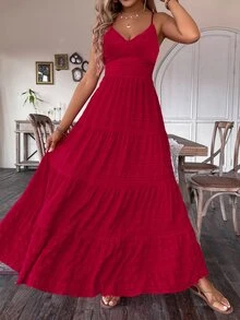 Breezaya Vintage Countryside Style Bow Tie Layered Patchwork Dress, Suitable For Birthday, Wedding Guest - Red - View 7