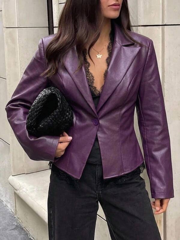 Aloruh Women's Autumn/Winter Blazer, Purple Jacket, PU Jacket, Lace Patchwork Jacket, Elegant Commute & Streetwear Jacket,New Fall Styles Fall Clothes