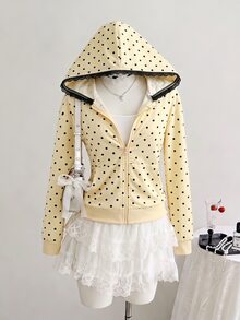 SHEIN Sparklyn Autumn/Winter Girls' Hooded Zip-Up Jacket - Mixed Street Style, Fall Clothes, Sweatshirt Knit Fabric Suitable For Autumn/Winter - Yellow - View 1