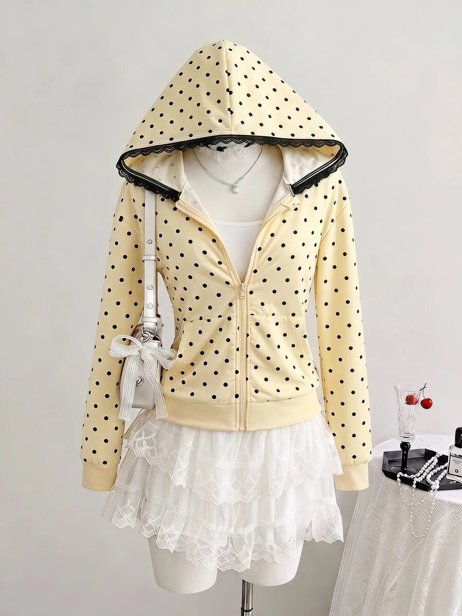 SHEIN Sparklyn Autumn/Winter Girls' Hooded Zip-Up Jacket - Mixed Street Style, Fall Clothes, Sweatshirt Knit Fabric Suitable For Autumn/Winter - Yellow - View 1