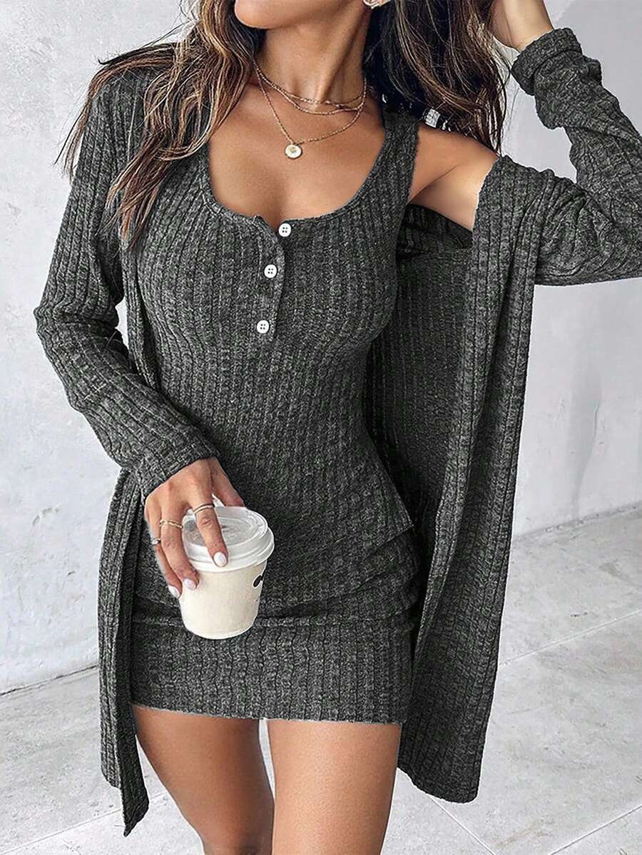 Breezaya 2件組大尺碼女款羅紋針織細肩帶洋裝與上衣套裝,休閒極簡性感穿搭,秋冬款 - 彩色 - 查看 1