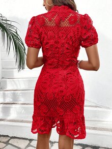 Breezaya 女士时尚纯色镂空短袖连衣裙新年节日聚会服装蕾丝女装 - 紅色 - 查看 3