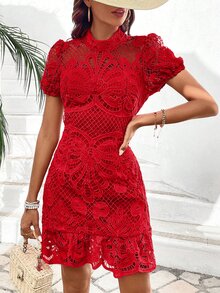 Breezaya 女士时尚纯色镂空短袖连衣裙新年节日聚会服装蕾丝女装 - 紅色 - 查看 7