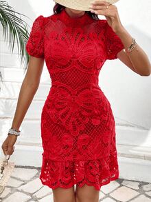 Breezaya 女士时尚纯色镂空短袖连衣裙新年节日聚会服装蕾丝女装 - 紅色 - 查看 5