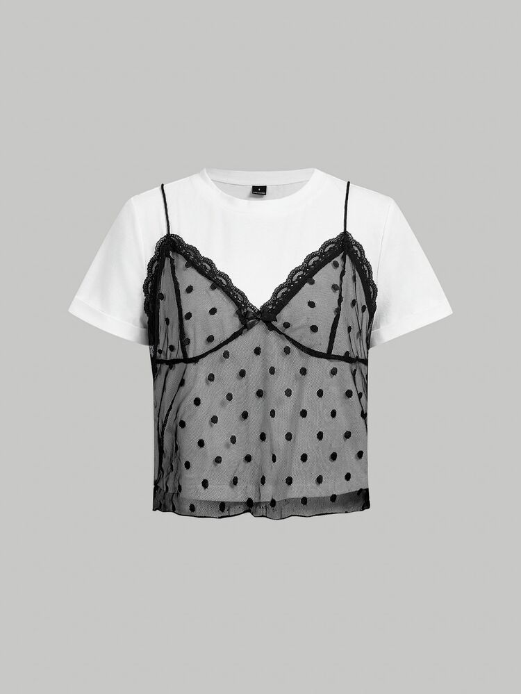 SHEIN MOD Black Polka Dot Polka Dot Polka Dot Mesh Patchwork White 2 In 1 T-Shirt Everyday Date Night Out Club Summer Y2k Sexy.Halloween.Back To School. - Black and White - View 6