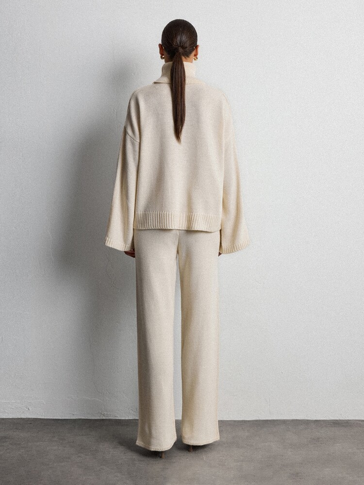 Lumivelle Women High Roll Neck Long Flare Sleeve Button Detail Sweater And Sweater Pant 2pcs Set Co-Ords - Beige - View 2